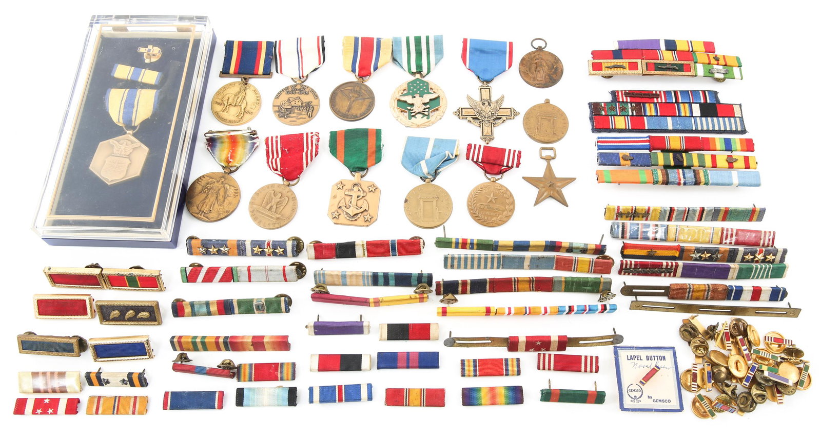 WWII US ARMY & NAVY MEDALS PINS & RIBBON BARS LOT: WWII US ARMY & NAVY MEDALS PINS & RIBBON BARS LOT WWII US Army & Navy Medals Pins & Ribbon Bars Lot. WWII Victory medal, Navy & Marine Corps Achievement Medal, Korean Service Medal and more. Numerous 
