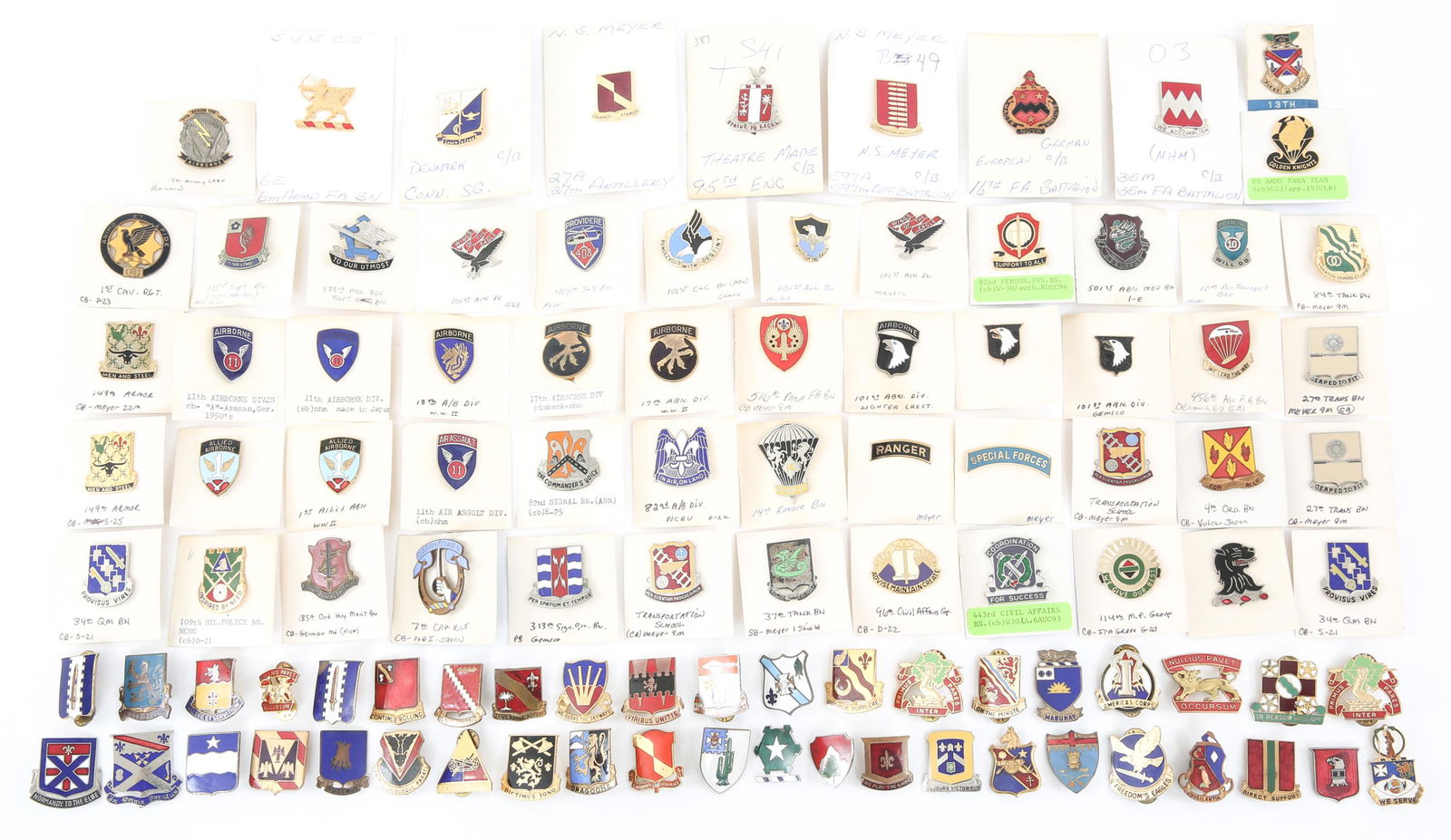 WWII TO COLD WAR US ARMY DUI CREST PINS LOT OF 100: WWII TO COLD WAR US ARMY DUI CREST PINS LOT OF 100 WWII to Cold War era US Army DUI (Distinctive Unit Insignia) Enameled Pins. Lot of approximately 100. 11th Airborne. Div., 1st Allied Airborne, 101st