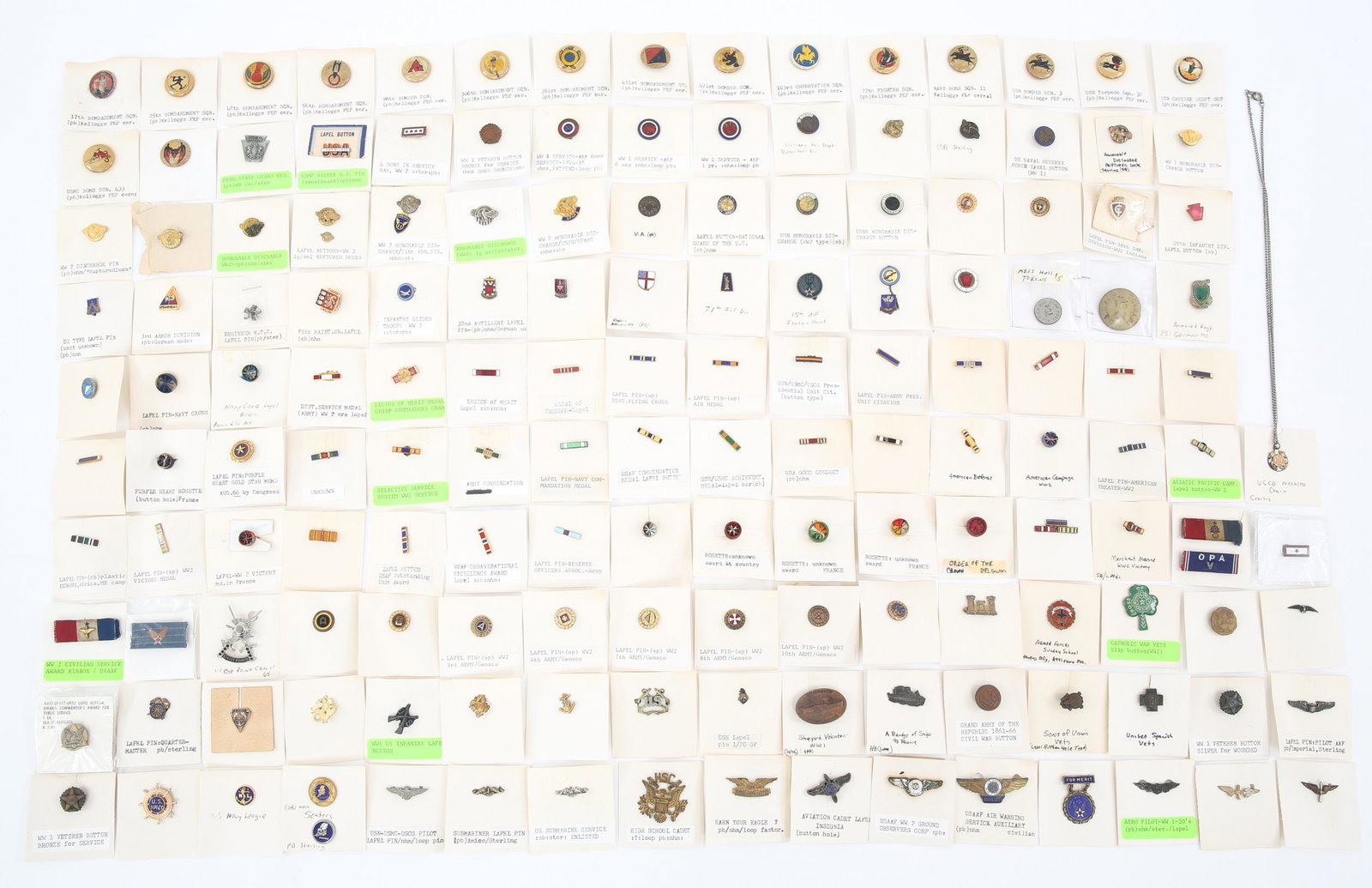WWII - COLD WAR US HOMEFRONT LAPEL PINS LOT OF 150: WWII - COLD WAR US HOMEFRONT LAPEL PINS LOT OF 150 WWII to Cold War era US Home Front Lapel Pins. Lot of approximately 150. All are affixed to annotated paper squares. Lapel ribbon bars, Legion of Mer