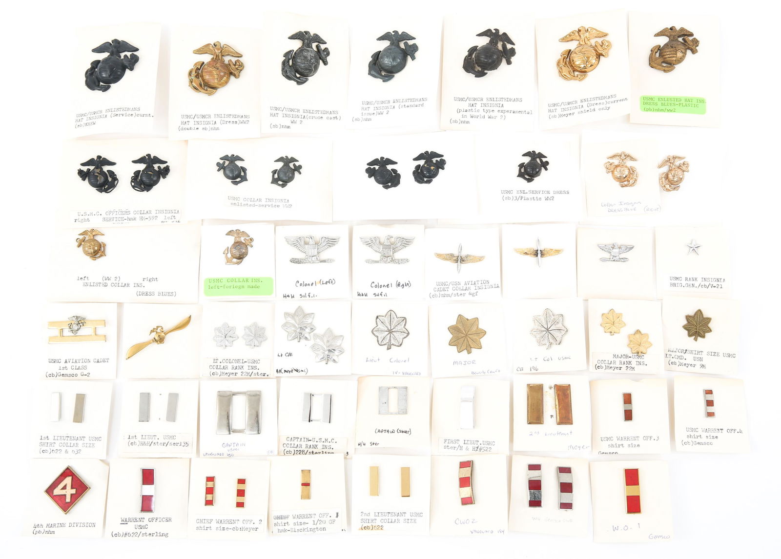 WWII TO COLD WAR US ARMY & USMC INSIGNIA LOT OF 60: WWII TO COLD WAR US ARMY & USMC INSIGNIA LOT OF 60 WWII to Cold War era US Army & USMC Rank Insignia Pins. Lot of Approximately 60. USMC / USN Aviation Cadet, Prop & Wings, USMC EGA insignia pins, mul