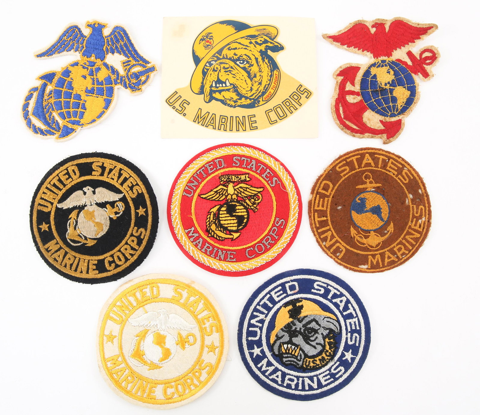 WWII - KOREA USMC PX JACKET PATCHES LOT OF 8: WWII - KOREA USMC PX JACKET PATCHES LOT OF 8 WWII - Korea USMC PX Jacket Patches. Lot of 8. USMC bulldog decal, USMC EGA insignia patches various patterns and color configurations and more.