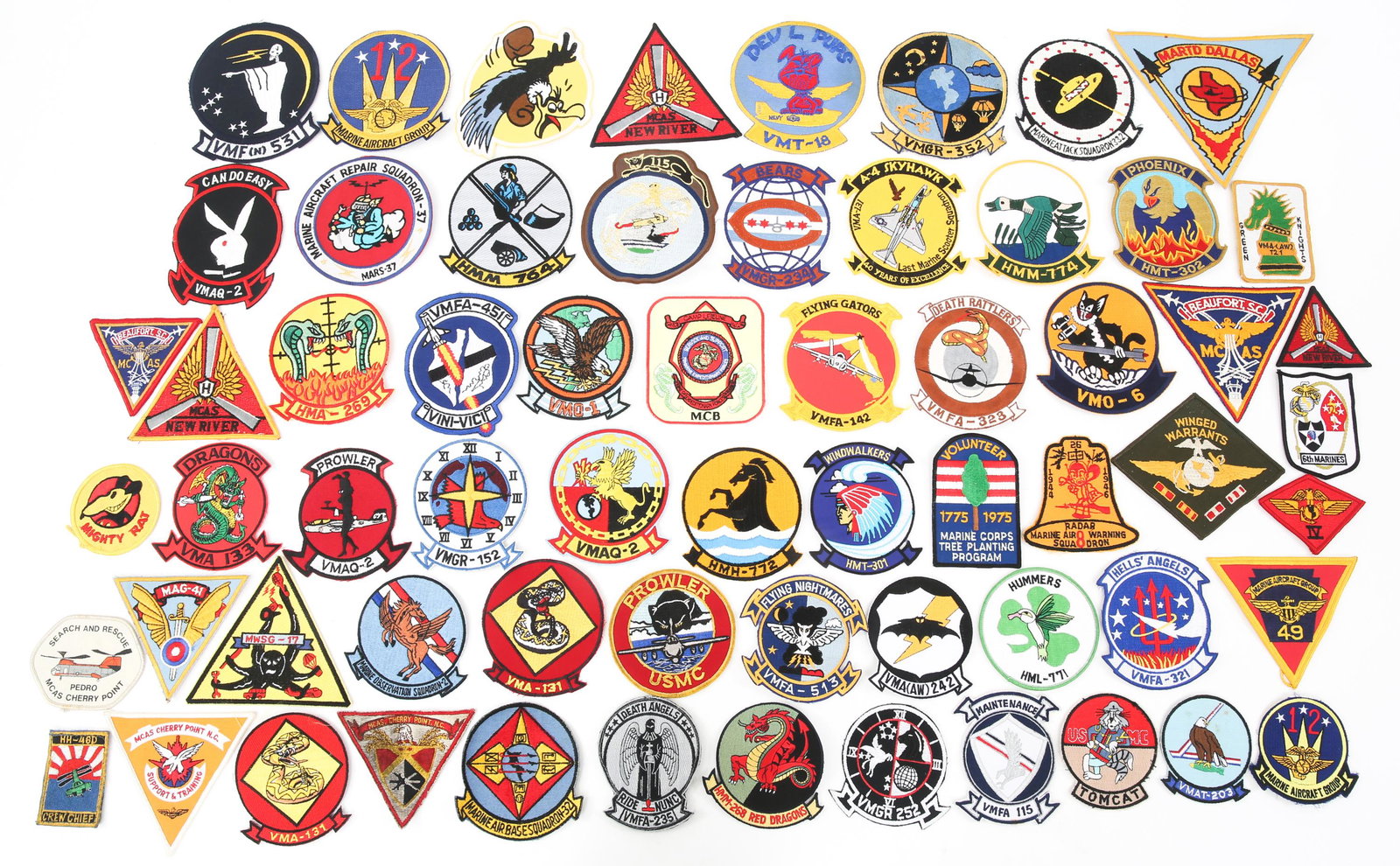 COLD WAR USMC AVIATION SQUADRON PATCHES LOT OF 60: COLD WAR USMC AVIATION SQUADRON PATCHES LOT OF 60 Cold War USMC Aviation Squadron Patches. Lot of approximately 60. Prowler VMAQ-2, Marine Aircraft Repair Squadron MARS-37, HMM-268 Red Dragons, Flying