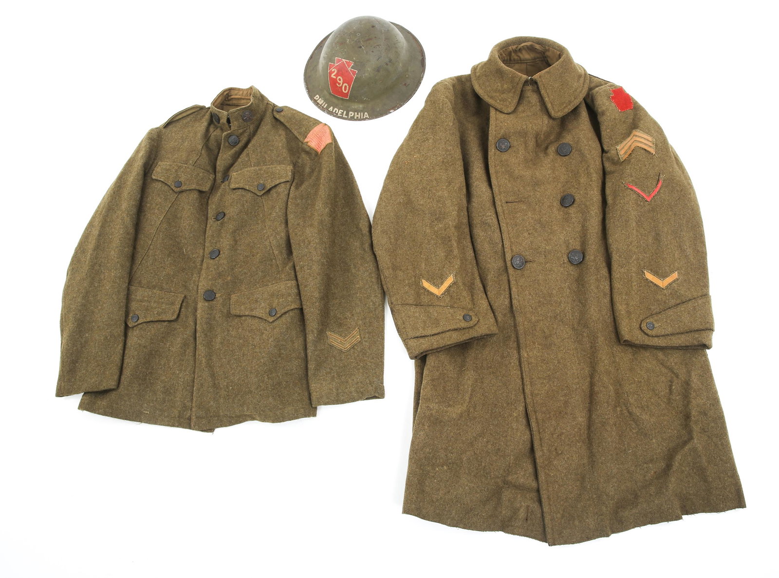 WWI US ARMY AEF 28th INFANTRY UNIFORMS & HELMET: WWI US ARMY AEF 28th INFANTRY UNIFORMS & HELMET WWI US Army AEF 28th Infantry Division Uniforms & Helmet. (1) Winter wool 4 Pockets tunic, 28th Infantry Division patch on the left shoulder, 2 overseas