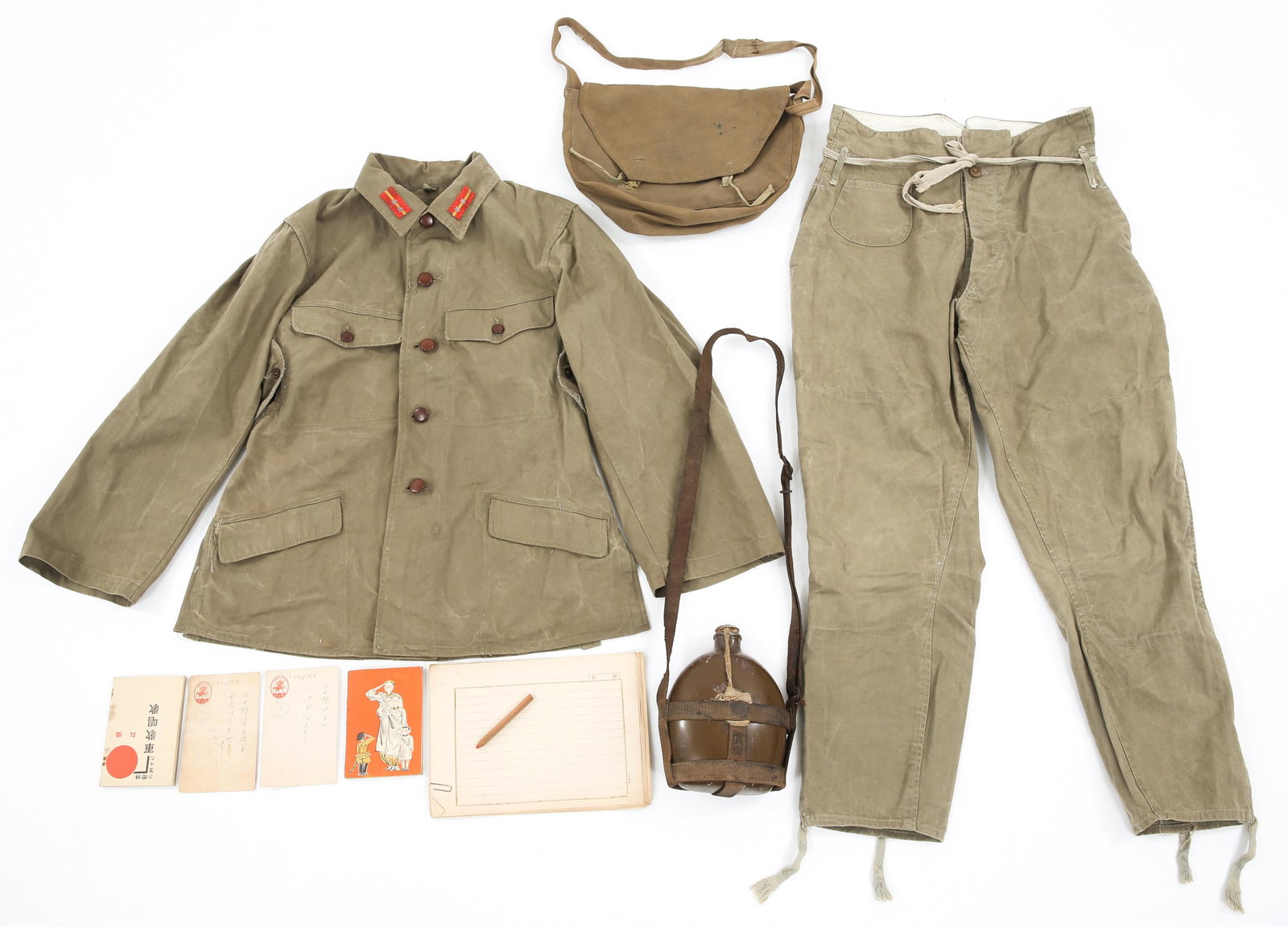 WWII JAPANESE ARMY UNIFORM - CANTEEN & BAG: WWII JAPANESE ARMY UNIFORM - CANTEEN & BAG WWII Imperial Japanese Army uniform & field gear lot. Includes; (1) Japanese Army Type 3 set, tunic with Sergeant tab and pants. (1) Canteen with canvas stra