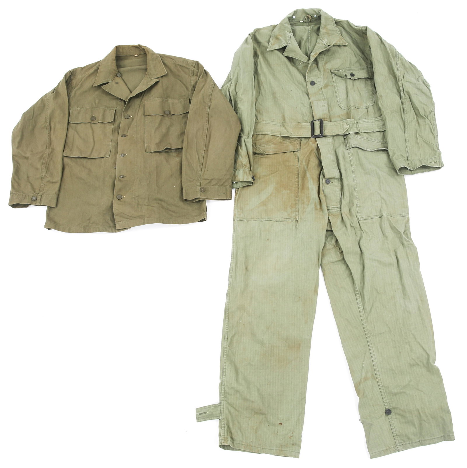 WWII US ARMY HBT SHIRT & COVERALLS LOT: WWII US ARMY HBT SHIRT & COVERALLS LOT Lot of 2 WWII US Army Herringbone Twill HBT uniform. (1) Jacket / Shirt OD shade, size 40R. (1) Armored Troops / Mechanic, second pattern HBT coveralls, size 42R