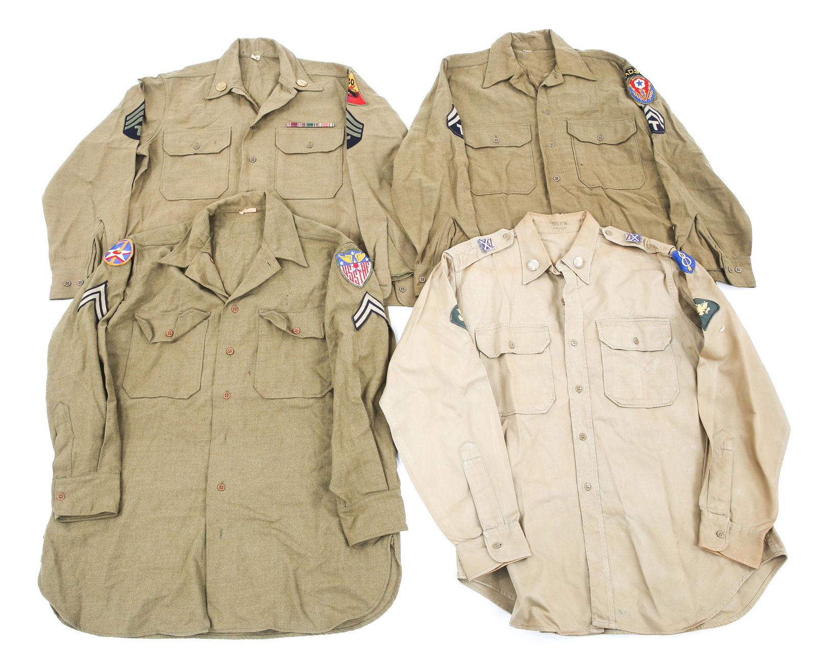 WWII - COLD WAR US ARMY ENLISTED MAN NCO's SHIRTS: WWII - COLD WAR US ARMY ENLISTED MAN NCO's SHIRTS Lot of 4 US Army Enlisted Man / NCO's service shirts. (3) WWII OD flannel winter shirts with patches and some insignia. (1) Korean War era khaki cotto