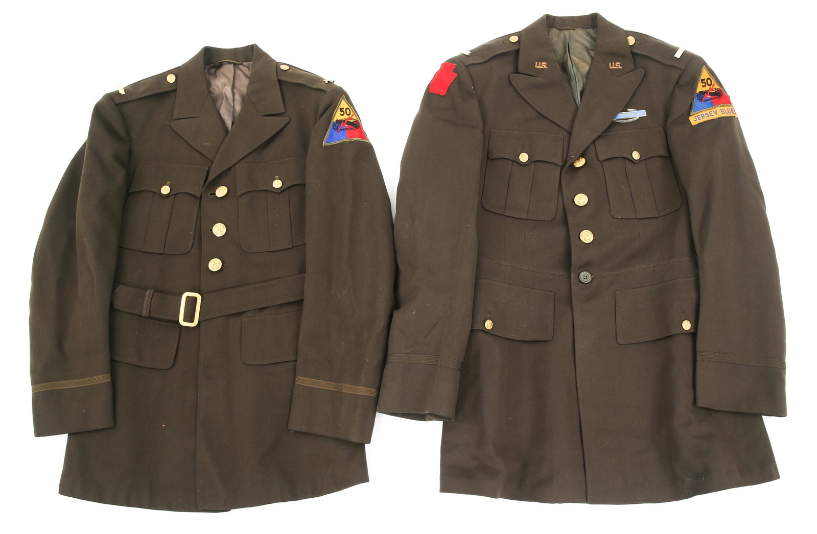 US ARMY NG 50th ARMORED DIVISION OFFICER TUNIC LOT: US ARMY NG 50th ARMORED DIVISION OFFICER TUNIC LOT Lot of 2 US Army National Guard, 50th Armored Division Officer tunics. (1) 1946 - 48 era Dark Elastic 4 pockets Officer tunic with 28th Infantry Divi