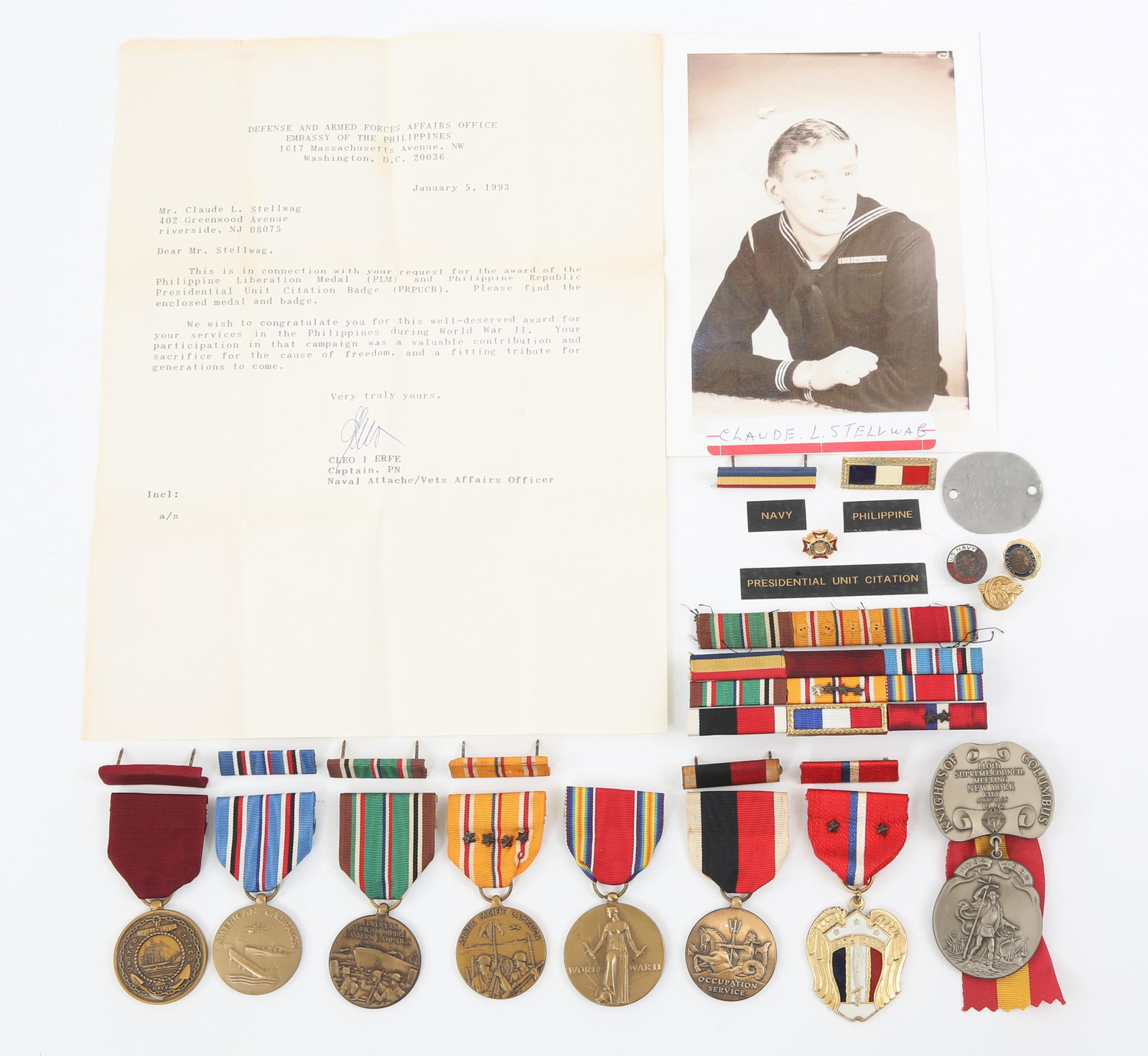 WWII US NAVY PACIFIC THEATER NAMED SERVICE GROUP: WWII US NAVY PACIFIC THEATER NAMED SERVICE GROUP WWII US Navy Pacific Theater Names Service Grouping. Named to "Claude Lawrence Stellwag". USNR Dog tag named to Mr. Stellwag with service number. Medal