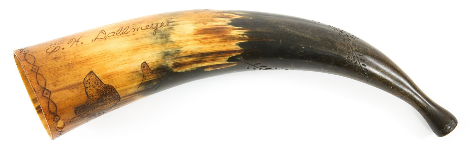 19th CENTURY SCRIMSHAW POWDER HORN: 19th CENTURY SCRIMSHAW POWDER HORN 19th century Scrimshaw named powder horn. Hunting scenes. Size: 13"
