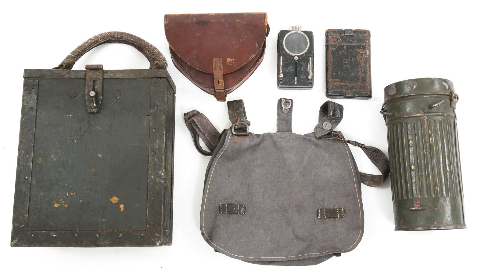 WWII GERMAN ARMY FIELD GEAR & AMMO BOX LOT: WWII GERMAN ARMY FIELD GEAR & AMMO BOX LOT (1) Luftwaffe M31 bread bag. (1) German Army gas mask canister. (1) Flashlight. (1) Folding saw with leather carrying case. (1) K98 rifle cleaning kit, stamp