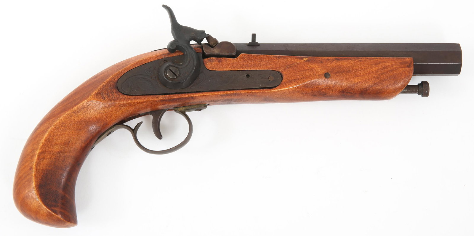 SINGLE SHOT .45 CALIBER PERCUSSSION PISTOL: SINGLE SHOT .45 CALIBER PERCUSSSION PISTOL Spanish .45 caliber black powder percussion single shot pistol. Engraved lockplate, octagon barrel. Caliber / Gauge: .45 Barrel Length: 7.25"