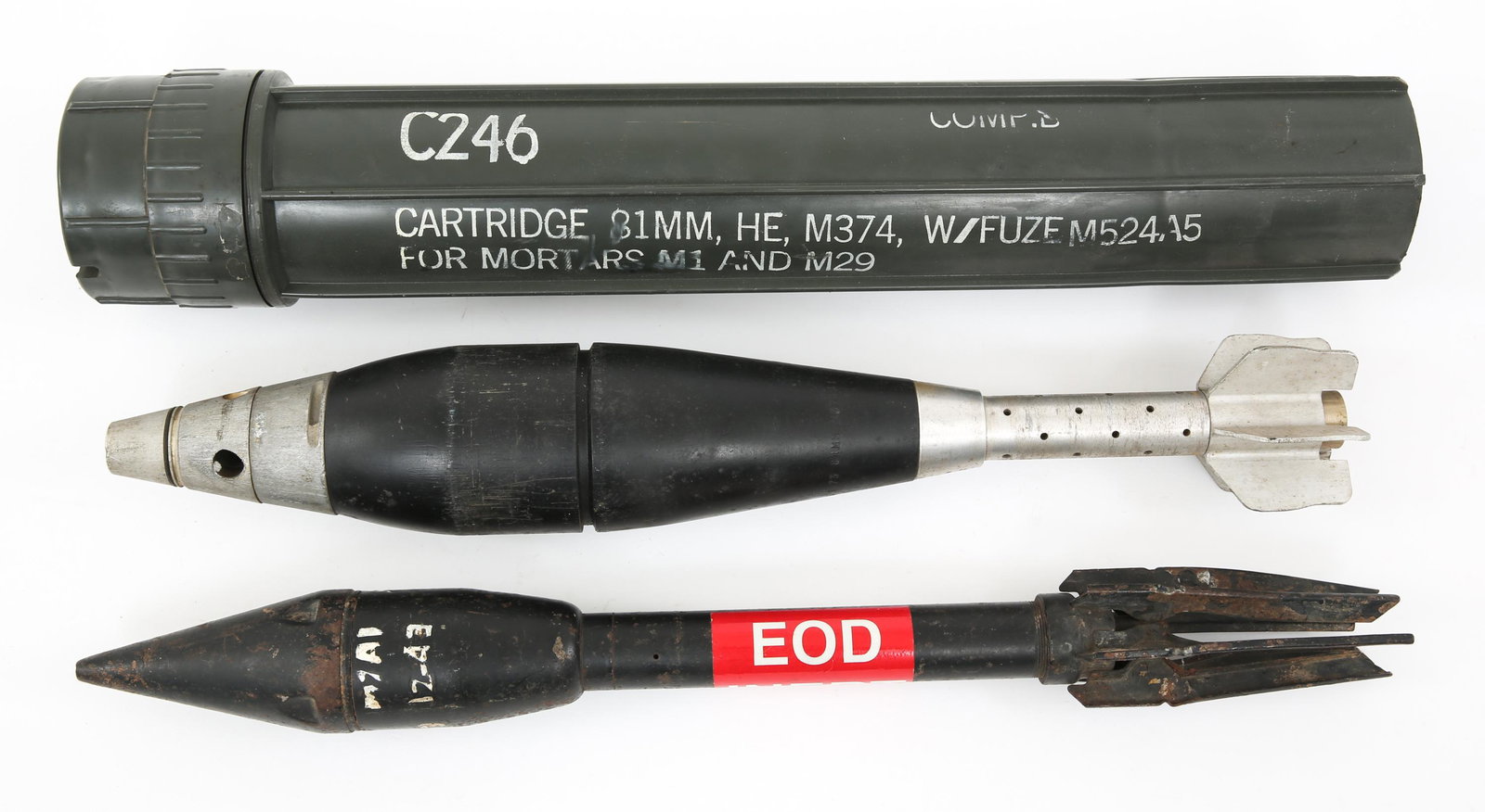 US ARMY MORTAR & BAZOOKA CARTRIDGE LOT OF 2: US ARMY MORTAR & BAZOOKA CARTRIDGE LOT OF 2 US Army mortar cartridge, lot of 2. Inert. (1) 81mm cartridge with fuze for M21 & M29 Mortars. Complete with carrying case. (1) M6A1 Bazooka round. Size: 21