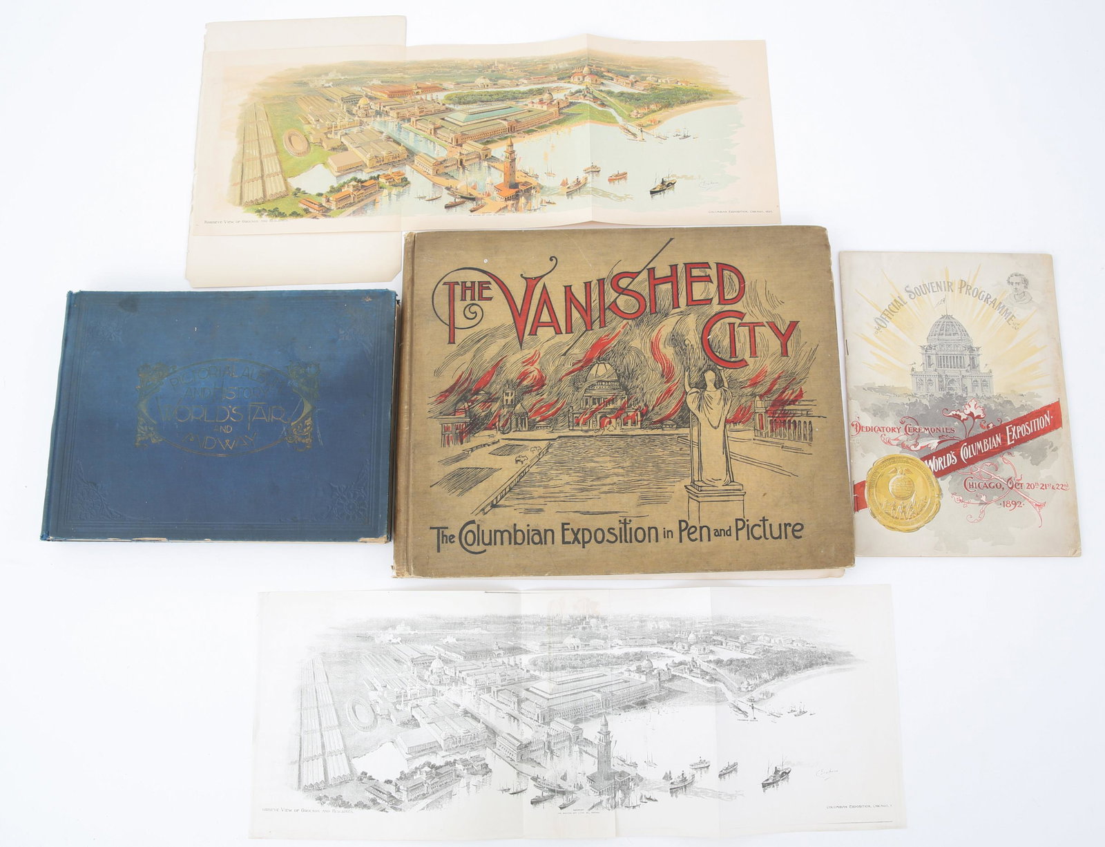WORLD COLUMBIA EXPOSITION PICTURE BOOKS: WORLD COLUMBIA EXPOSITION PICTURE BOOKS World Columbia Exposition books & map lot. (1) Picture book "The Vanished City, The Columbia Exposition in Pen and Picture", black and white illustrated 14" x 1