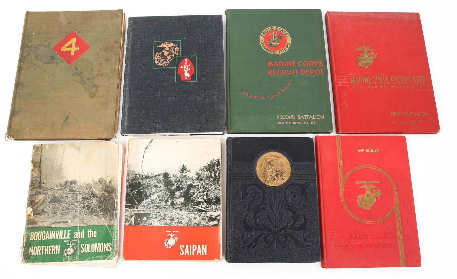 WWII & COLD WAR USN & USMC BOOKS LOT OF 8: WWII & COLD WAR USN & USMC BOOKS LOT OF 8 WWII & Cold War era US Navy and Marine Corps Books and Yearbooks. Lot of 8. Saipan, Bougainville and the Northern Solomons, the 4th Mar Div in WWII, 1st and 5