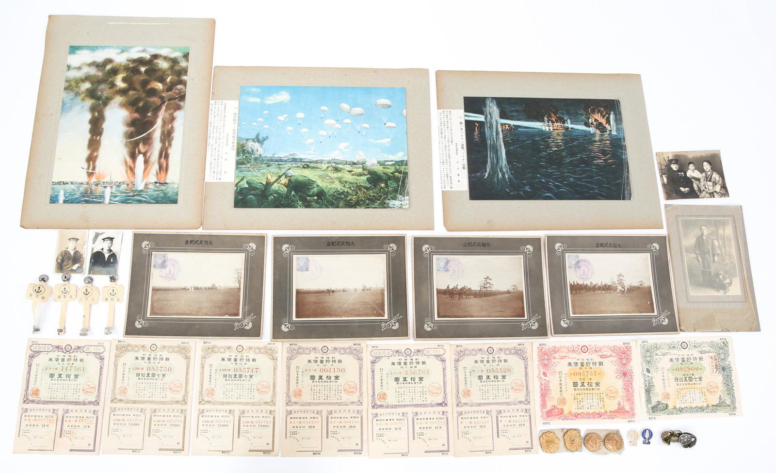 WWII JAPANESE SOLDIER'S PHOTOGRAPH & MIXED LOT: WWII JAPANESE SOLDIER'S PHOTOGRAPH & MIXED LOT WWII Japanese Soldier's Pictures and mixed lot. (3) Japanese Color Print War theme artwork, Paratroopers Jump and 2 sea battles, 14" x 11". (8) Japanese 