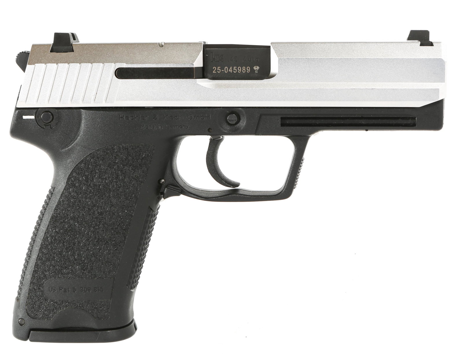 H&K USP .45 CALIBER SEMI AUTOMATIC PISTOL: H&K USP .45 CALIBER SEMI AUTOMATIC PISTOL Heckler & Koch model USP .45 caliber semi-automatic pistol. Black frame, stainless slide, composite grips. Two magazines. Factory hard case. Caliber / Gauge: 