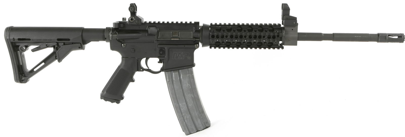 SMITH & WESSON M&P-15 5.56mm SEMI AUTO RIFLE: SMITH & WESSON M&P-15 5.56mm SEMI AUTO RIFLE Smith & Wesson M&P-15 5.56x45mm Semi Automatic Rifle. The receiver "Smith and Wesson. Springfield, MA. Made in The USA." Parkerized finish. Magpul CTR stoc