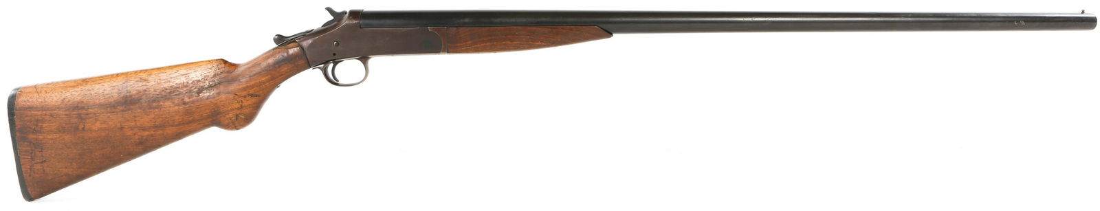 16 GAUGE SINGLE SHOT BREAK OVER SHOTGUN: 16 GAUGE SINGLE SHOT BREAK OVER SHOTGUN Single shot, break over 16GA shotgun. Barrel stamped "16GA Choke". Walnut stock and forend. Front bead sight. Provenance - George Hass (US Army Veteran) Collect