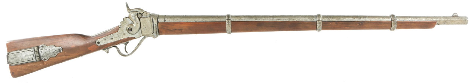 SHARPS SADDLE RING CARBINE DISPLAY MODEL: SHARPS SADDLE RING CARBINE DISPLAY MODEL Non-firing display model of a Sharp's New Model Saddle Ring Carbine. Constructed of wood and metal with operating lever and hammer and false patch box. 46" tot