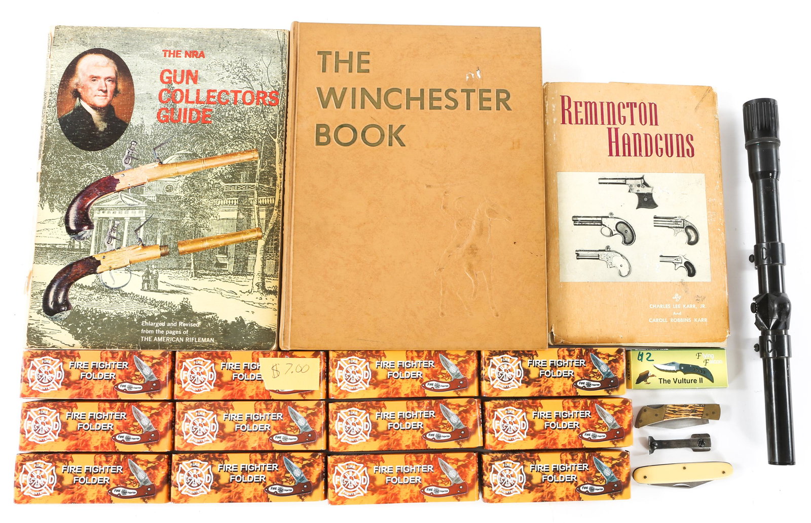 FIREARM BOOKS ACCESSORIES & POCKET KNIVES LOT: FIREARM BOOKS ACCESSORIES & POCKET KNIVES LOT Lot of firearm books, accessories, and pocket knives. "Remington Handguns", Karr & Karr 1947, "The NRA Gun Collectors Guide", 1970, "The Winchester Book",