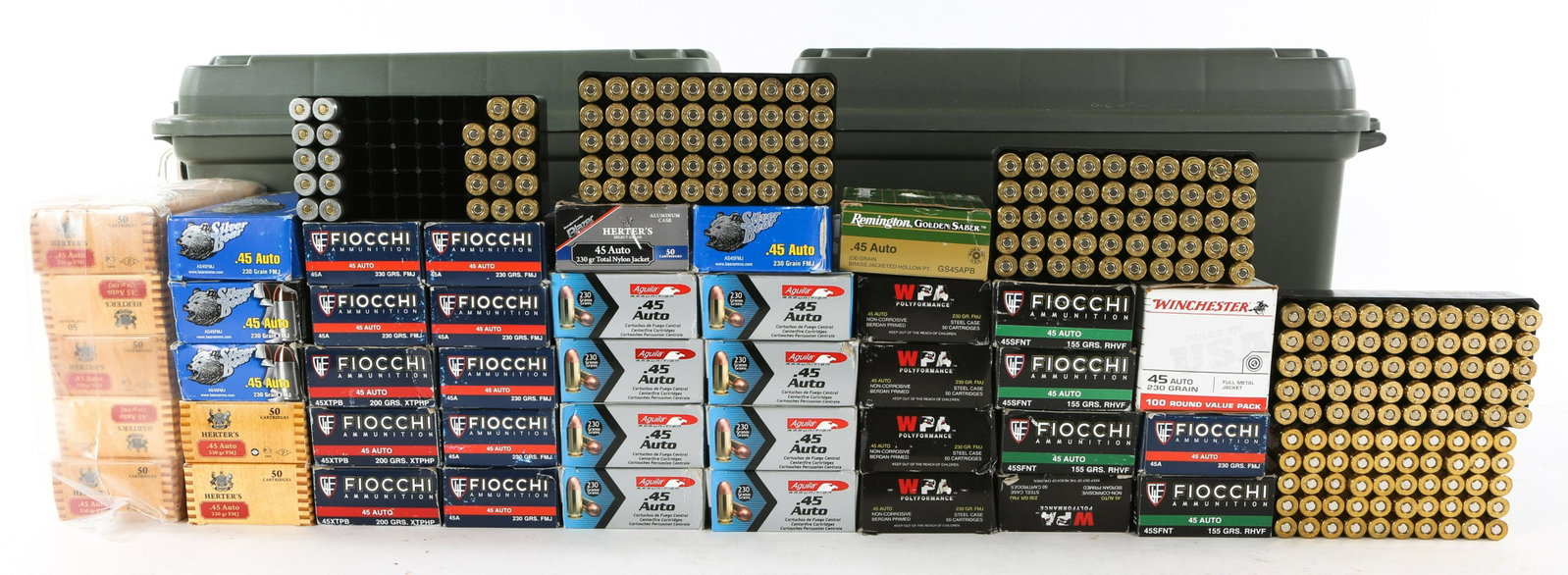 AMMUNITION IN CANS .45 ACP 110 POUNDS: AMMUNITION IN CANS .45 ACP 110 POUNDS Over 110 Pounds of .45 ACP in Two Ammunition Cans. Brands include Aguila, Fiocchi, Wolf, Winchester, and Silver Bear. Caliber / Gauge: .45 Auto