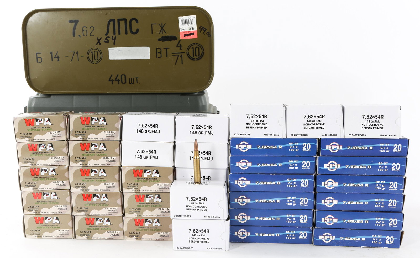 AMMUNITION IN CANS 7.62X54R 64 POUNDS: AMMUNITION IN CANS 7.62X54R 64 POUNDS 64 pounds of 7.62X54R ammunition. 3 cans include: WPA, PPU, and Red Army Standard. Caliber / Gauge: 7.62x54R