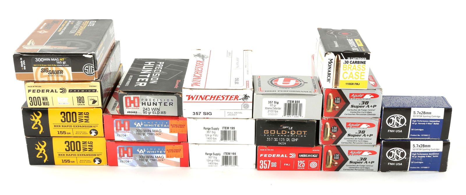 HANDGUN AND RIFLE AMMUNITION 26 POUNDS: HANDGUN AND RIFLE AMMUNITION 26 POUNDS 26 Pounds of Handgun and Rifle Ammunition. Rifles calibers include: .300 Win Mag; .30 Carbine, and .243 Win. Pistol calibers include .357 Sig; 5.7x28mm; and .38