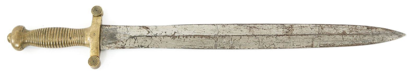 FRENCH MODEL 1831 FOOT ARTILLERY SWORD: FRENCH MODEL 1831 FOOT ARTILLERY SWORD French Model 1931 Foot Artillery Sword. Double edge blade with brass hilt. Marker marked "Jean" on the ricasso. Proof marks on the reverse blade and ricasso. Bla