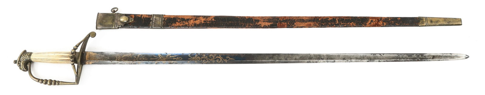 EARLY 19th C. US EAGLE HEAD OFFICER SWORD: EARLY 19th C. US EAGLE HEAD OFFICER SWORD Early 19th C. American Eagle Head Sword. Straight blade with fuller. Floral and Eagle designed drypoint etched and gold washed on both side. Maker marked "L.