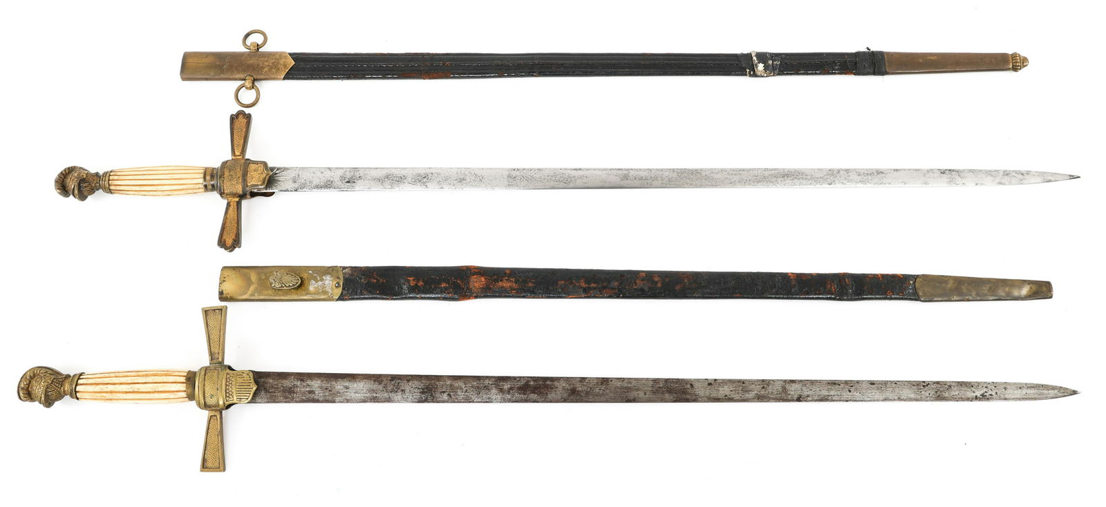 CIVIL WAR MILITIA SWORD LOT OF 2 DIFFERENT PATTERN: CIVIL WAR MILITIA SWORD LOT OF 2 DIFFERENT PATTERN Lot of 2 Civil War era Militia Swords. (1) Militia Sword. Straight steel blade, Double side acid etched (barely visible), No maker mark. Gilt plated