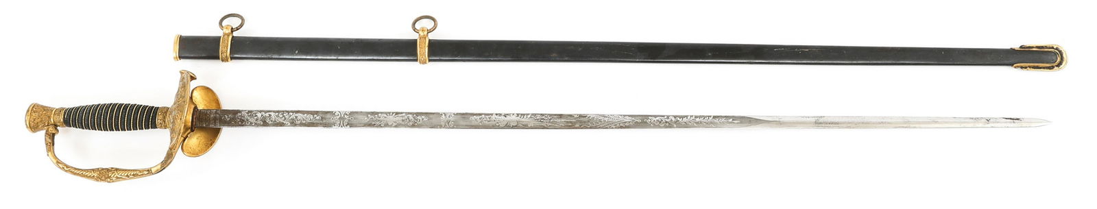 US ARMY M1860 STAFF & FIELD OFFICER'S DRESS SWORD: US ARMY M1860 STAFF & FIELD OFFICER'S DRESS SWORD US Army Mode 1860 Staff and Field Officer's Dress Sword. Acid etched straight blade without fuller. Ricasso marked "Ames Mfg Co, Chicopee, Mass". Leat
