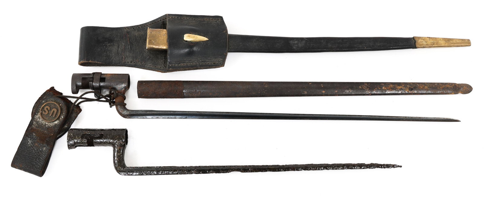 SOCKET BAYONETS AND LEATHER SCABBARD: SOCKET BAYONETS AND LEATHER SCABBARD (1) US Springfield Model 1873 socket bayonet with steel scabbard and leather frog (broken). (1) Civil War "Dug-up" and varnished socket bayonet. (1) US Model 1855 