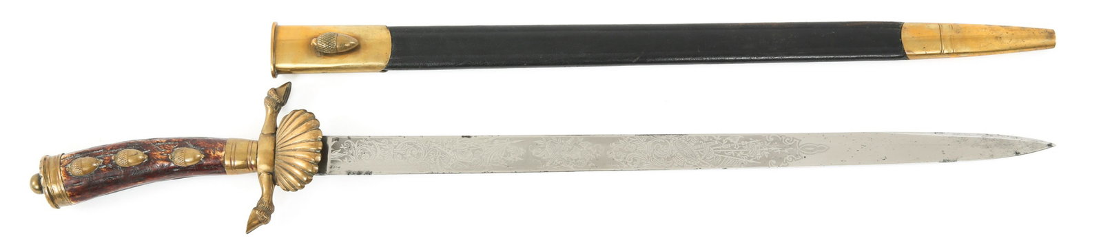 IMPERIAL GERMAN HUNTING CUTLASS DRESS DAGGER WKC: IMPERIAL GERMAN HUNTING CUTLASS DRESS DAGGER WKC Imperial German Hunting Cutlass Dress dagger by WKC. Double side acid etched bright blade. Maker marked "WKC" with early double logo on the ricasso. Br