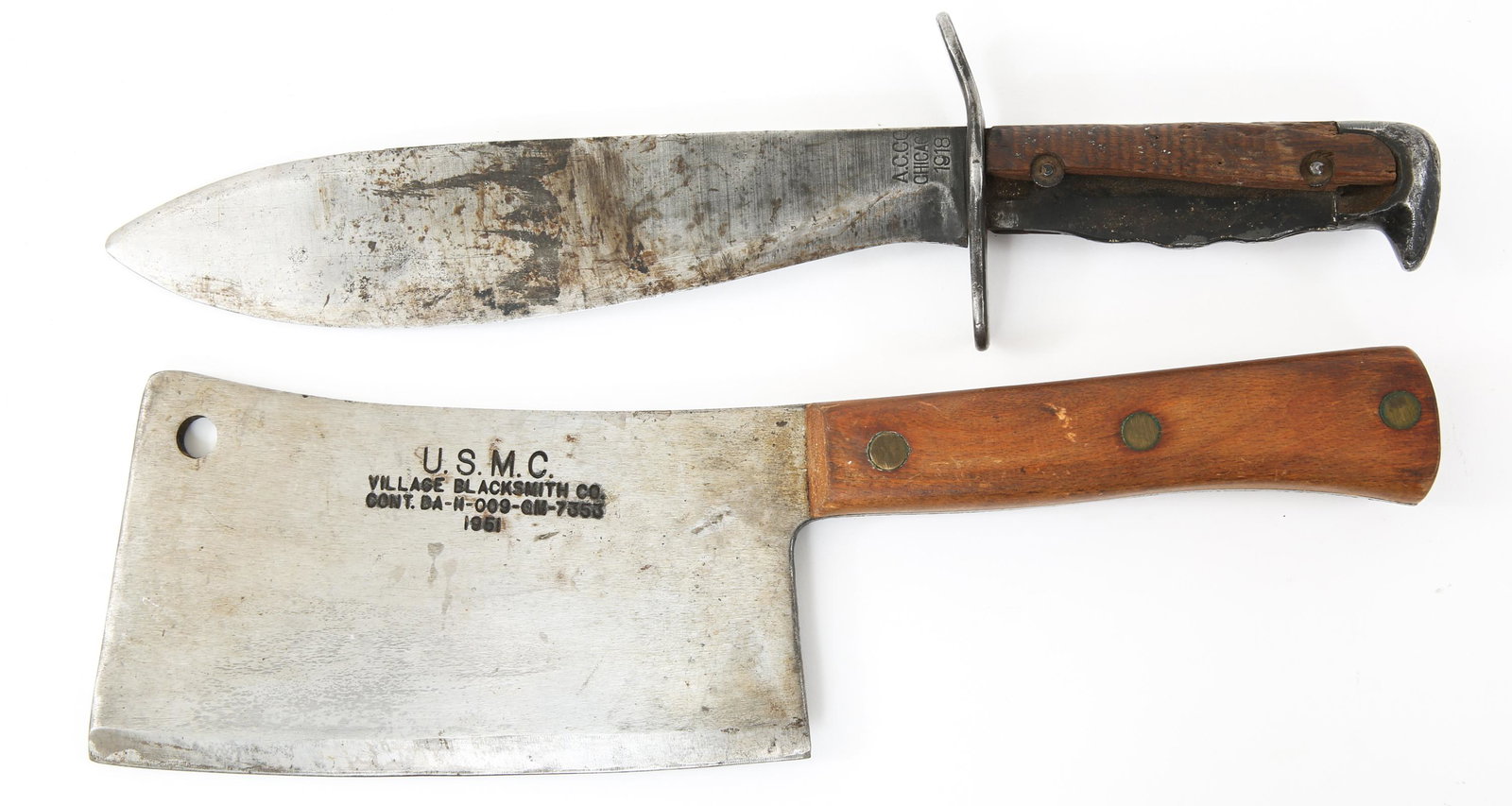 WWI - KOREA US ARMY & MEDICAL CORPS MACHETE BOLO: WWI - KOREA US ARMY & MEDICAL CORPS MACHETE BOLO WWI - Korea War US Army Bolo knife and Medical corps Cleaver. (1) WWI US Army M1917 Bolo knife. Maker marked "A.C.Co, Chicago, 1918" stamped on one sid