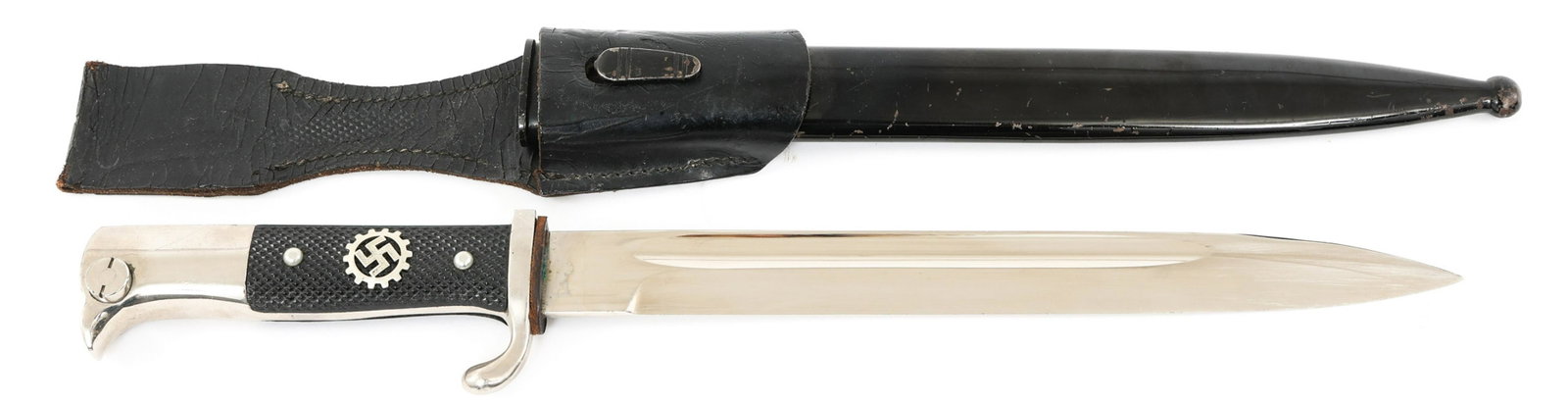 WWII GERMAN K98 DAF DRESS BAYONET: WWII GERMAN K98 DAF DRESS BAYONET WWII German K98 DAF "Deutsche Arbeitsfront" Dress Bayonet with black painted steel scabbard and leather frog. Bright blade with fuller. Maker marked "Rich. Abr. Herde