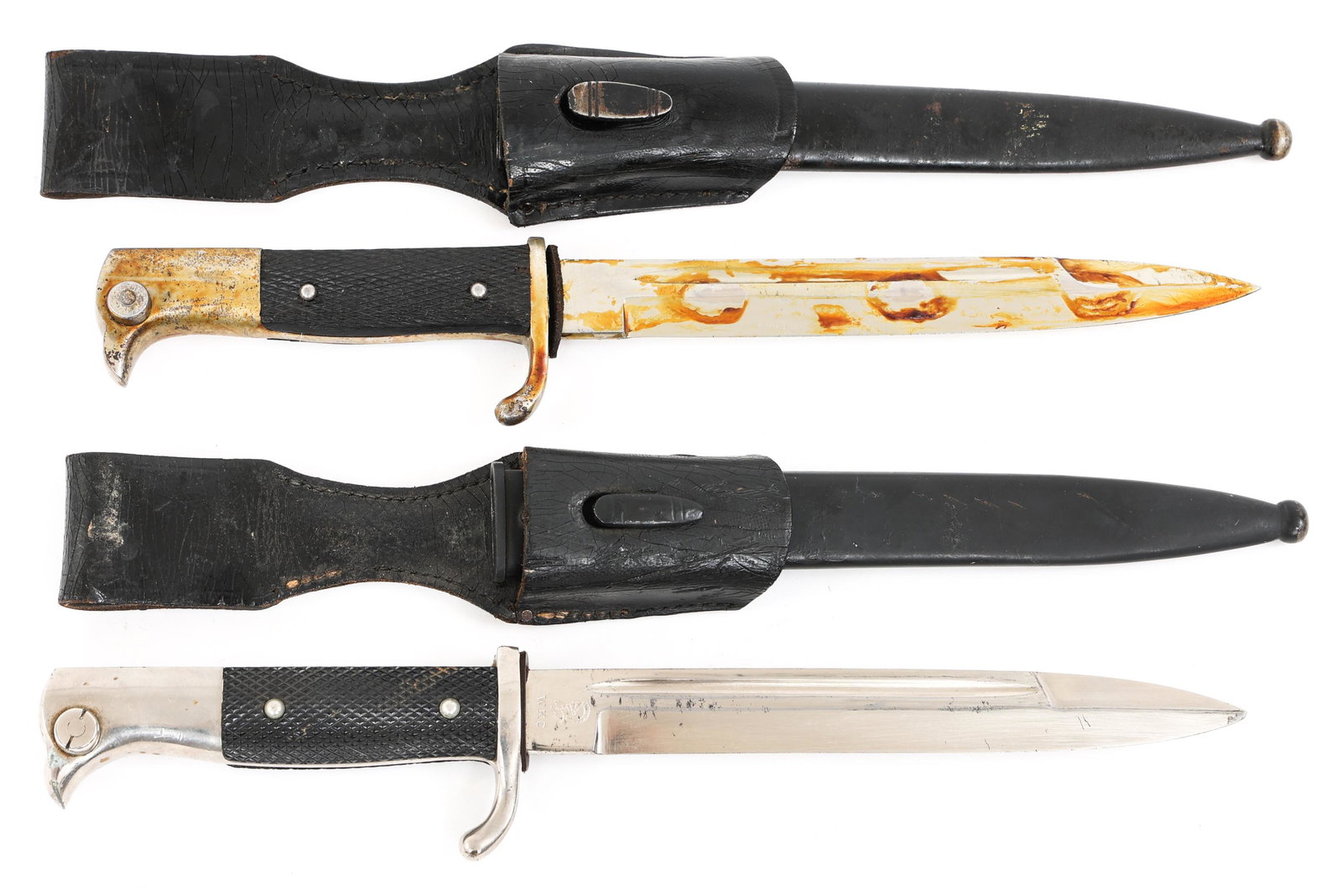WWII GERMAN ARMY K98 DRESS BAYONET LOT OF 2: WWII GERMAN ARMY K98 DRESS BAYONET LOT OF 2 Lot of 2 WWII German K98 Dress Bayonets. (1) Unclean (dry Cosmoline) K98 dress bayonet with steel scabbard and leather frog. Maker mark / double squirrels l