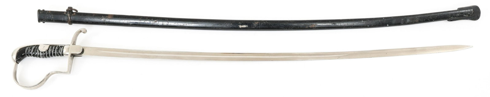 WWII GERMAN ARMY NCO DRESS SWORD: WWII GERMAN ARMY NCO DRESS SWORD WWII German Army NCO Dress Sword. Slightly curved bright blade with fuller. Maker mark / logo "Pack & Sohne, Solingen" stamped on the ricasso. Nickel-plated hilt, alum