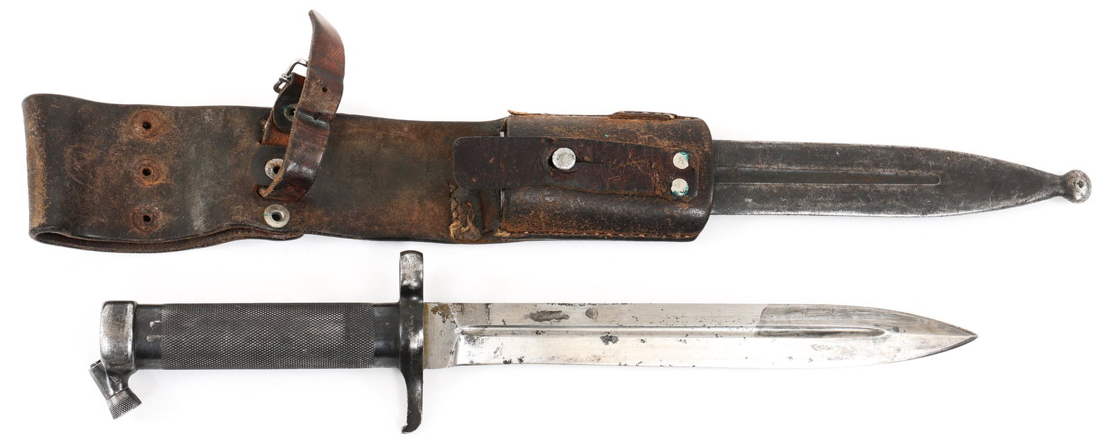 WWII SWEDISH MAUSER M1896 BAYONET: WWII SWEDISH MAUSER M1896 BAYONET Swedish Model 1896 Mauser Bayonet with steel scabbard and leather frog. Maker mark and serial number stamped on both sides of the ricasso. Other various markings and 