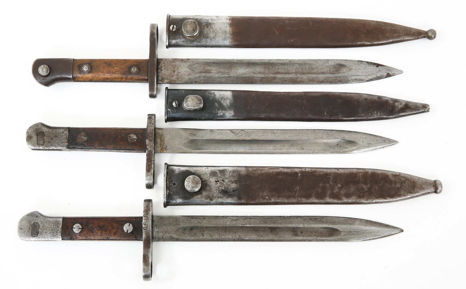 TURKISH M1935 MAUSER ASFA BAYONET LOT OF 3: TURKISH M1935 MAUSER ASFA BAYONET LOT OF 3 Turkish Model 1935 Mauser bayonet, lot of 3. Single edged bright blade with fuller. Stamped A.S.F.A. on the pommel. No maker mark. Steel scabbard. Blade Leng
