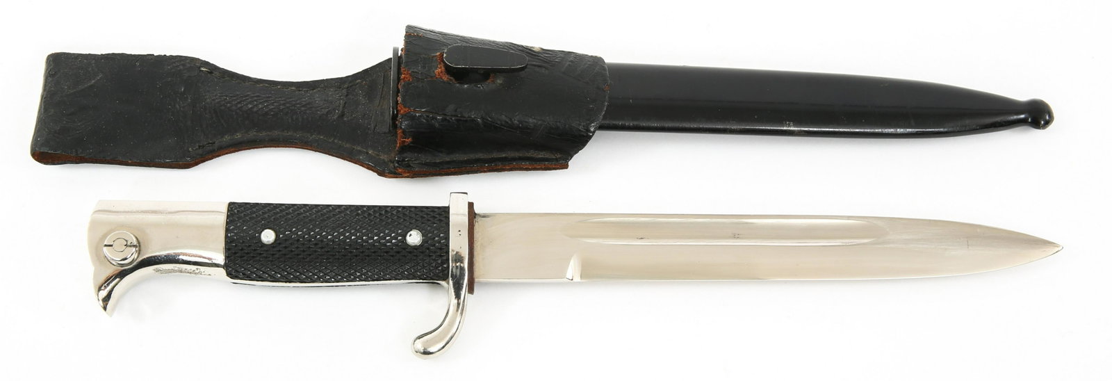 WWII GERMAN K98 DRESS BAYONET By ANTON WINGEN: WWII GERMAN K98 DRESS BAYONET By ANTON WINGEN WWII German Army K98 Dress Bayonet with scabbard and leather frog. Single edged bright blade with fuller. Maker mark / Logo "Anton Wingen Jr, Solingen" st