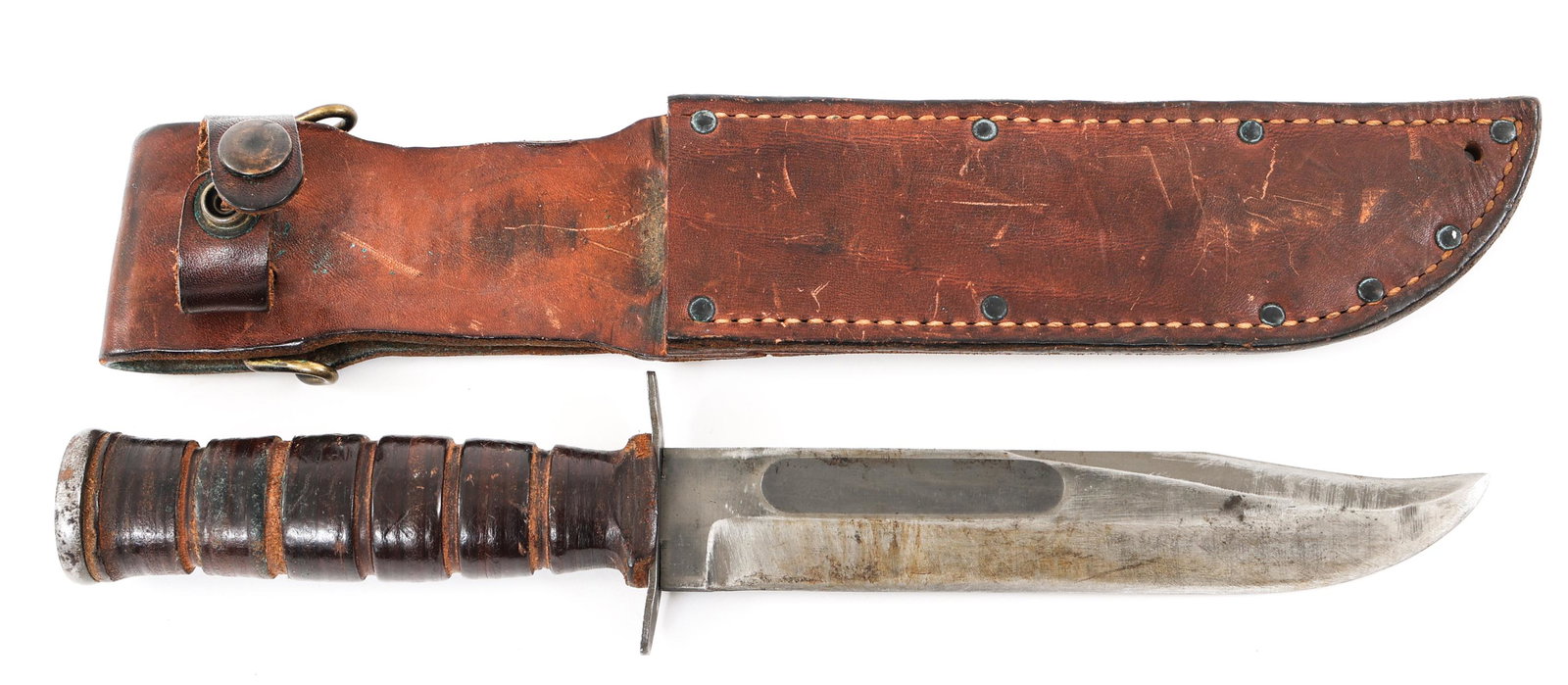 WWII - KOREA US ARMY MARK II COMBAT KNIFE By UTICA: WWII - KOREA US ARMY MARK II COMBAT KNIFE By UTICA WWII - Korea US Army Mark 2 Combat / Utility Knife with leather scabbard. Clip point blade with fuller, leather stacked handle. Maker marked on the r