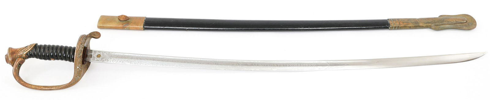 USMC MODEL 1875 NCO ETCHED DRESS SWORD BY H&H: USMC MODEL 1875 NCO ETCHED DRESS SWORD BY H&H US Marine Corps Model 1875 Non-Commissioned Officer's Dress Sword. Bright curved blade with fuller and detailed triple acid etching on a light gray backgr