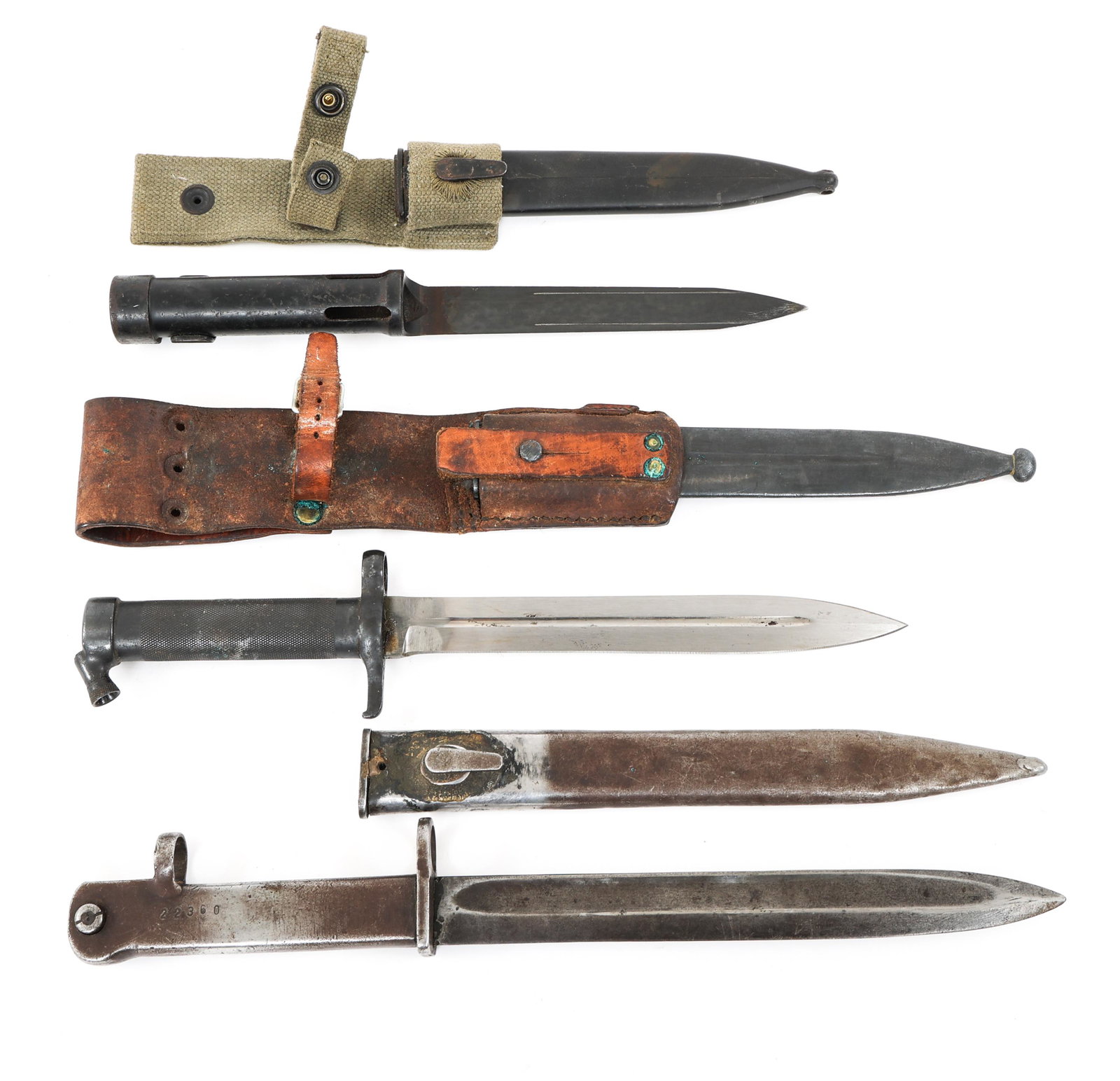 TURKISH - SADF - SWEDISH BAYONET LOT OF 3: TURKISH - SADF - SWEDISH BAYONET LOT OF 3 Lot of 3 Bayonets. (1) Turkish G1 FN FAL bayonet with steel scabbard. Very similar look to the WWI - WWII German "Ersatz" bayonet. Blade Length: 9.1/4". Total