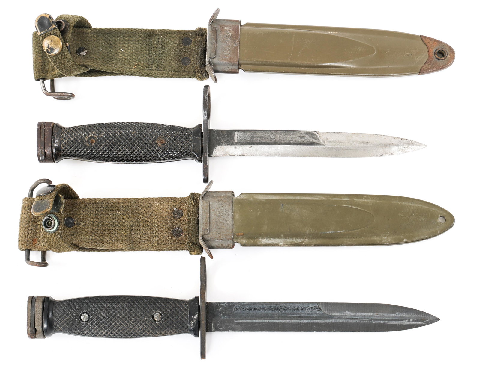 VIETNAM WAR US ARMY M7 BAYONET LOT OF 2: VIETNAM WAR US ARMY M7 BAYONET LOT OF 2 Vietnam War era US Army Issued M7 Bayonet with USM8AI scabbards. One Manufactured by "Milpar" and one by "BOC". Blade Length: 6.5/8" Total Length: 11.3/4"