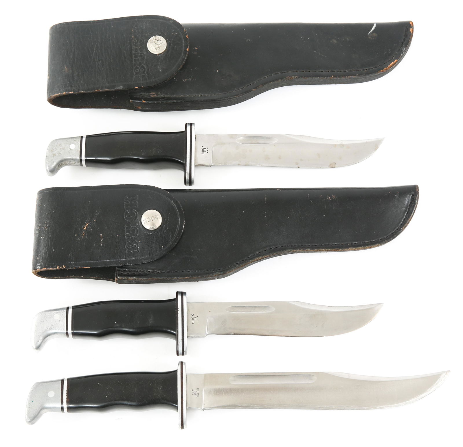BUCK HUNTING KNIVES WITH SHEATHS LOT OF 3: BUCK HUNTING KNIVES WITH SHEATHS LOT OF 3 BUCK Hunting Knives with Sheaths. Lot of 3. (2) Model 119 in matching black leather scabbards. (1) Model 120. No scabbard. Blade Length: 7.5" Total Length: 12