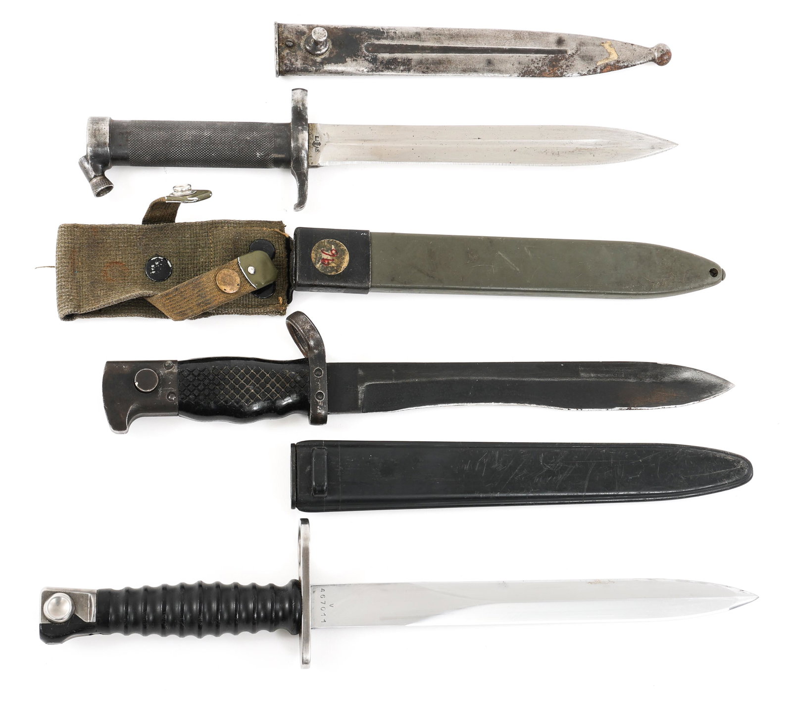 SWEDISH - SPANISH - SWISS BAYONET LOT OF 3: SWEDISH - SPANISH - SWISS BAYONET LOT OF 3 Lot of 3 Bayonets. (1) Swedish Model 1896 Mauser Bayonet with steel scabbard. Maker mark and serial number stamped on both sides of the ricasso. Blade Length
