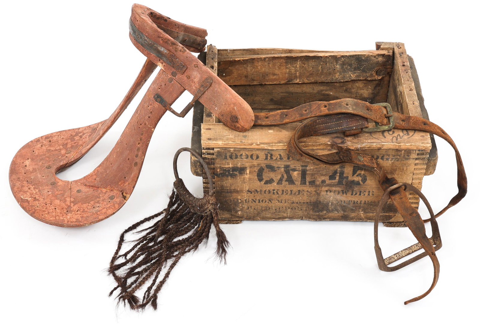 CIVIL WAR CAL .45 CARTRIDGE CRATE & SADDLE FRAME: CIVIL WAR CAL .45 CARTRIDGE CRATE & SADDLE FRAME Civil War Union Cal .45 Ball Cartridge crate, size 16" x 14" x 8" and Wood Saddle Frame and parts.