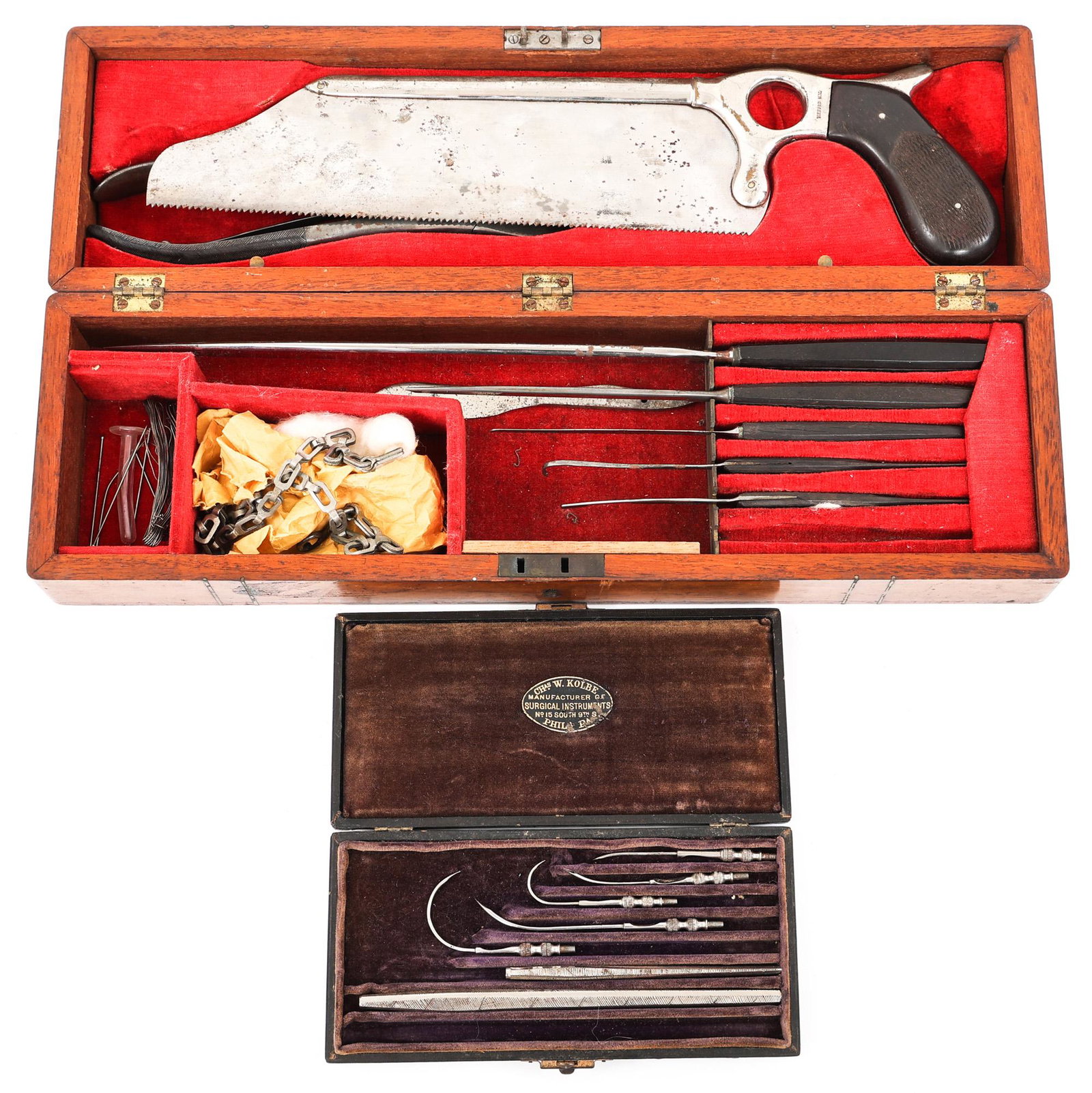 1860s 70s SURGEON AMPUTATON & POCKET SUTURE KIT: 1860s 70s SURGEON AMPUTATON & POCKET SUTURE KIT Lot of 2 Surgeon Kits. (1) Two tier surgical amputation kit, C. 1866 - 1870 by "William F. Ford". Contains surgical instruments with checkered handles &