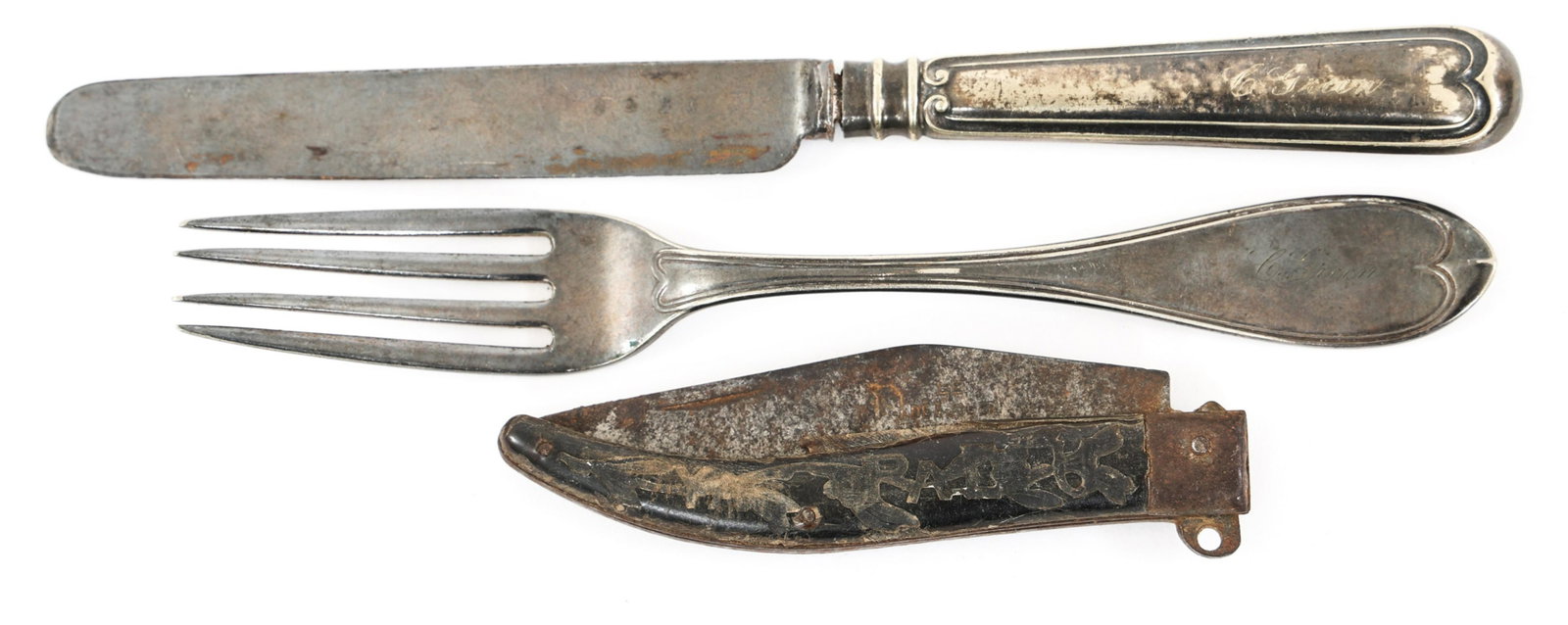 CIVIL WAR USS JAMESTOWN COMD C. GREEN FLATWARE: CIVIL WAR USS JAMESTOWN COMD C. GREEN FLATWARE Civil War USS Jamestown Commander "Charles Green" Flatware, Fork and Knife. Engraved in script "C. Green" on one side and "U.S.S. Jamestown" on the other