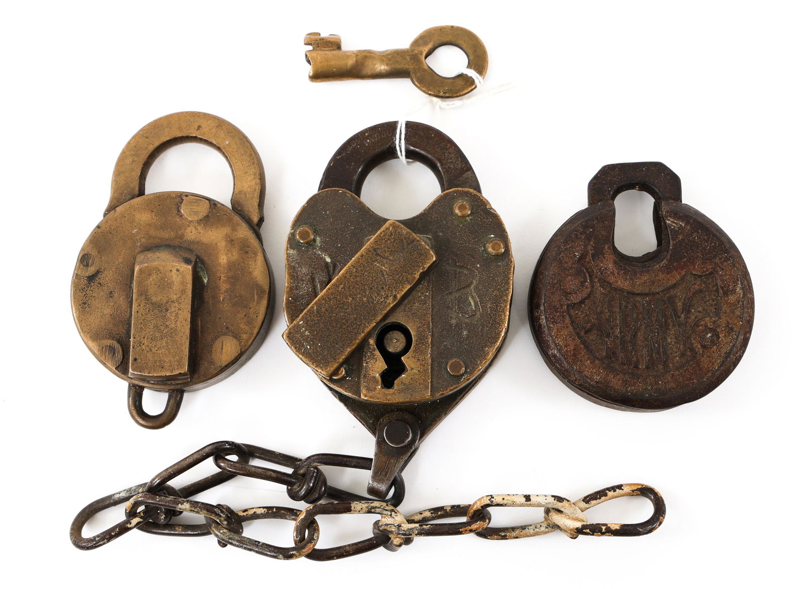 SPAN-AM WAR US ARMY PADLOCK LOT OF 3: SPAN-AM WAR US ARMY PADLOCK LOT OF 3 Lot of 3 Spanish American War to WWI US Army padlocks. (1) Wilson Bohannan with chain and key. (1) Ames Sword Co Padlock. No key. (1) US Army issued padlock. No ke